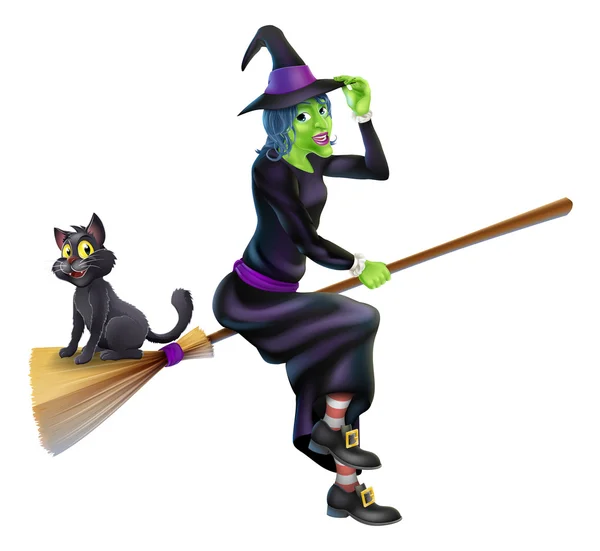 Bruja de Halloween en palo de escoba con gato — Vector de stock