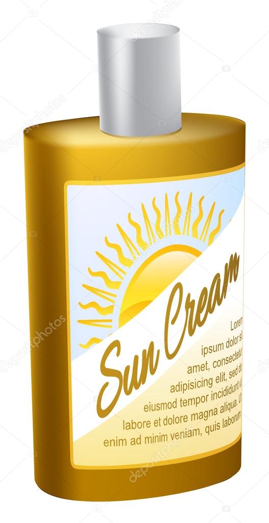 A cartoon illustration of a bottle of sun cream with a sun logo on the labe