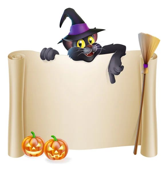 Halloween bruja gato scroll — Vector de stock