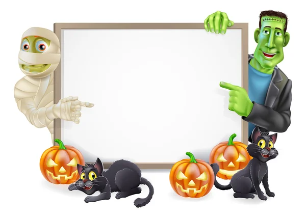 Halloween-Schild mit Mumie und Frankenstein — Stockvektor