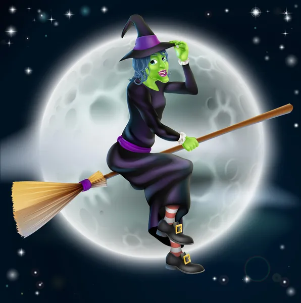 Witch vliegen in de voorkant van de maan — Stockvector
