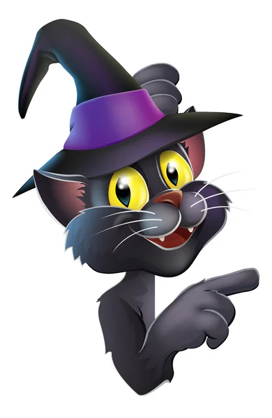 Gato negro en sombrero de bruja — Vector de stock