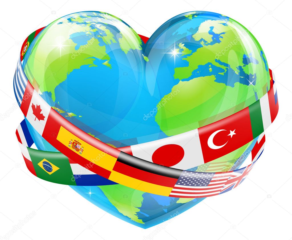 An illustration of a heart shaped world earth globe with the flags of many different countries flying around it.