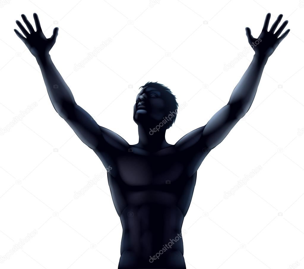Man silhouette hands raised