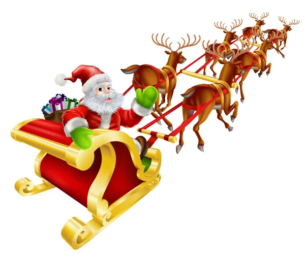 Navidad Santa Claus volando en trineo — Vector de stock