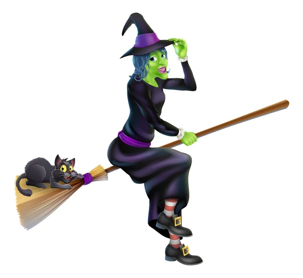 Witch on Broom with Black Cat — Stock Vector