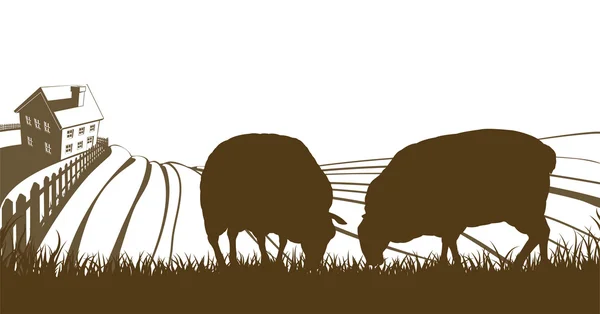 Πρόβατα αγροτικό κυλιόμενο λόφους τοπίο — Διανυσματικό Αρχείο