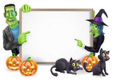 Halloween cadı ve frankenstein afiş