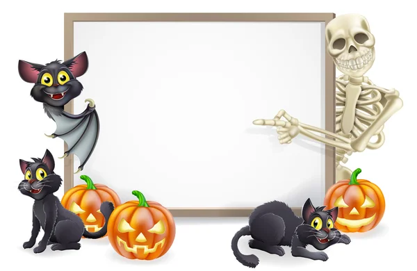 Halloween Sign with Skeleton and Bat — Stock Vector