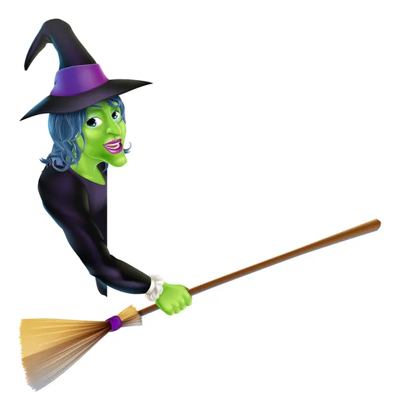 Bruja de Halloween señalando con escoba — Vector de stock