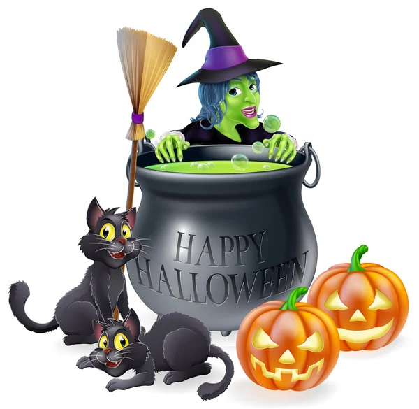 Happy Halloween Witch and Cauldron — Stock Vector