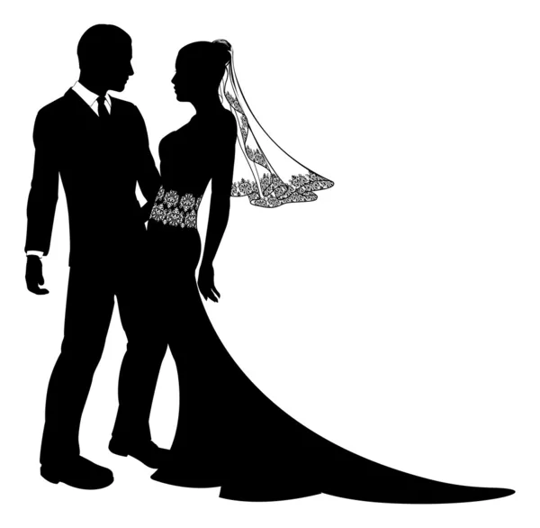 Novia y novio boda pareja silueta — Vector de stock