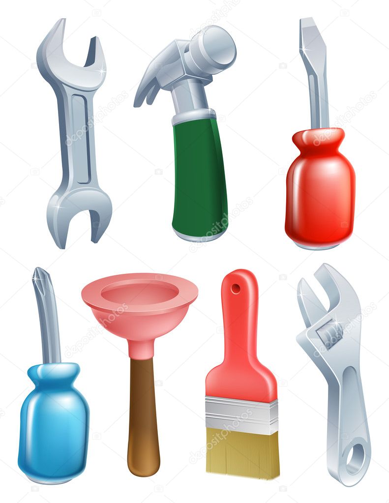 Cartoon tool icons set of a variety of work tools including a spanner, hammer, plunger, screwdriver and paintbrush