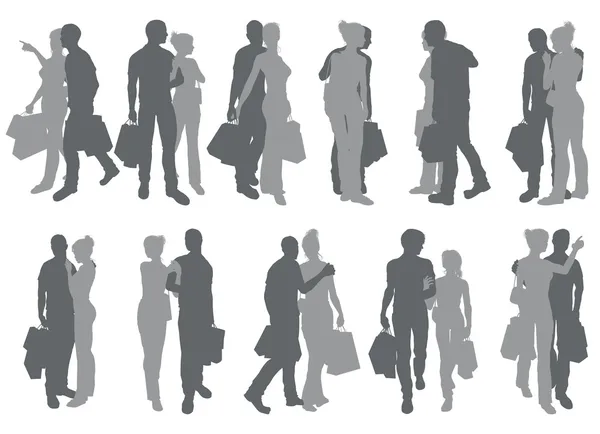 Compras pareja siluetas — Vector de stock