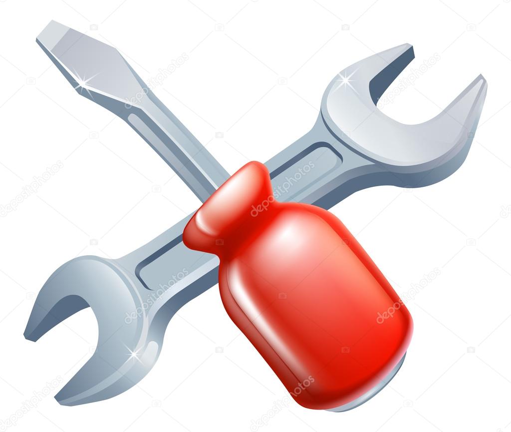 Crossed screwdriver and spanner tools icon of cartoon tools crossed, construction or DIY or service concept