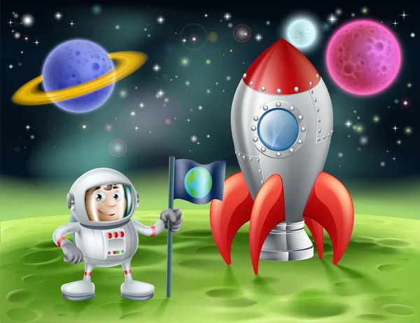 Astronauta de dibujos animados y cohete vintage — Vector de stock