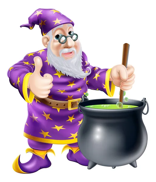 Wizard and cauldron — Stock Vector