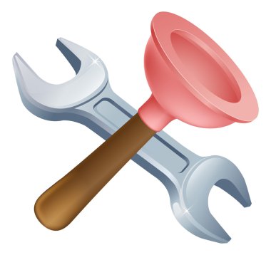 Crossed plunger and spanner tools clipart
