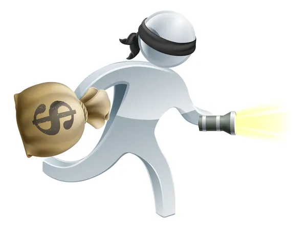 Thief with money and flash light — Stock Vector