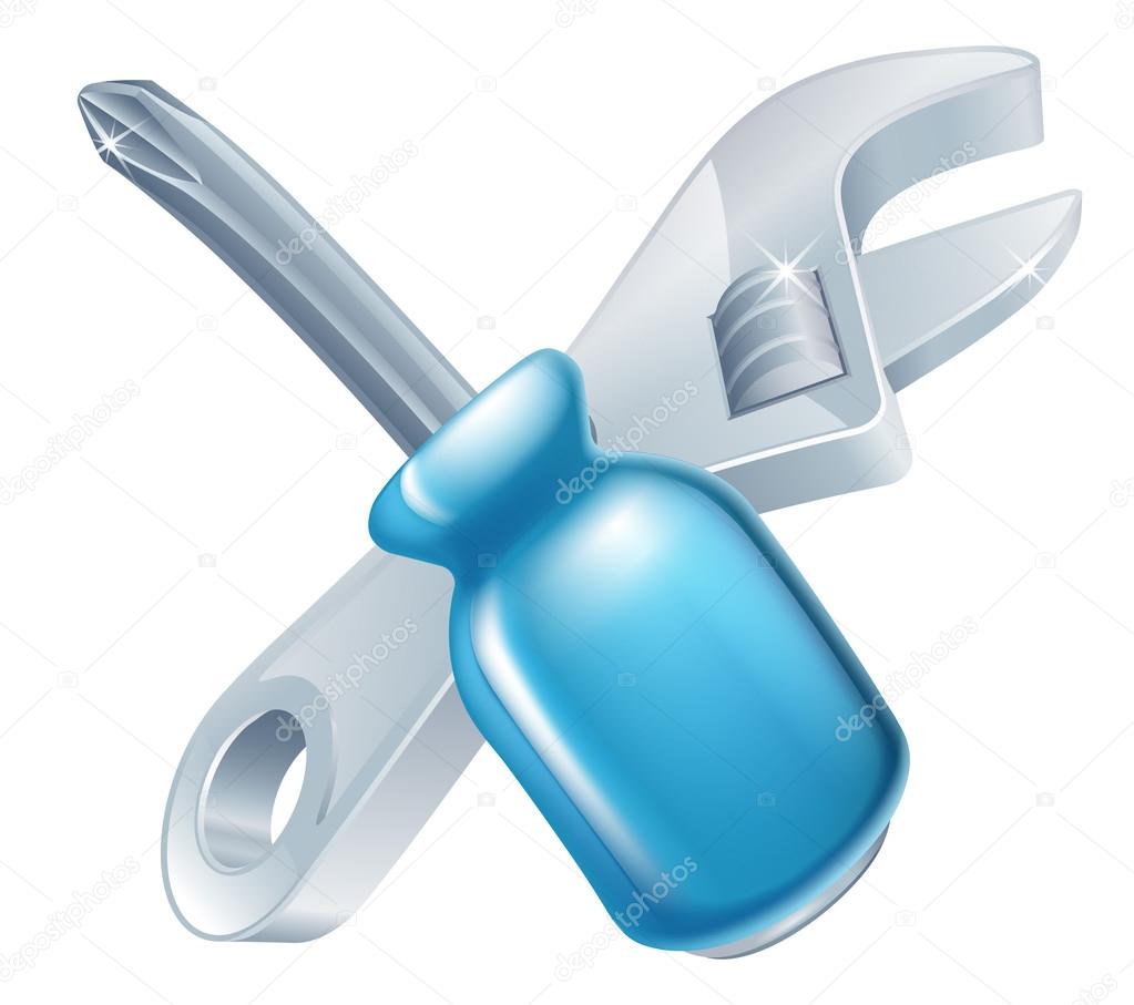 Crossed screwdriver and spanner icon of cartoon tools crossed, construction or DIY or service concept