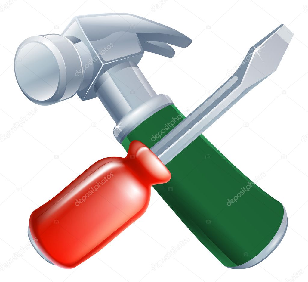 Crossed screwdriver and hammer tools icon of cartoon tools crossed, construction or DIY or service concept