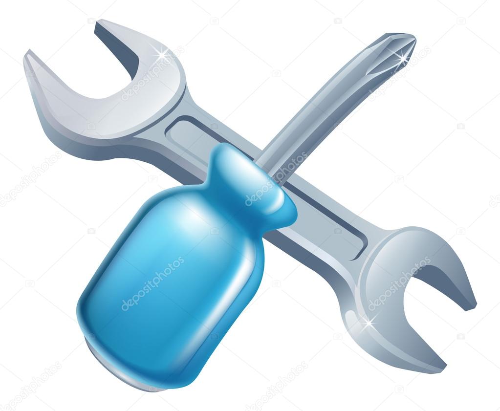 Crossed spanner and screwdriver tools icon of cartoon tools crossed, construction or DIY or service concept