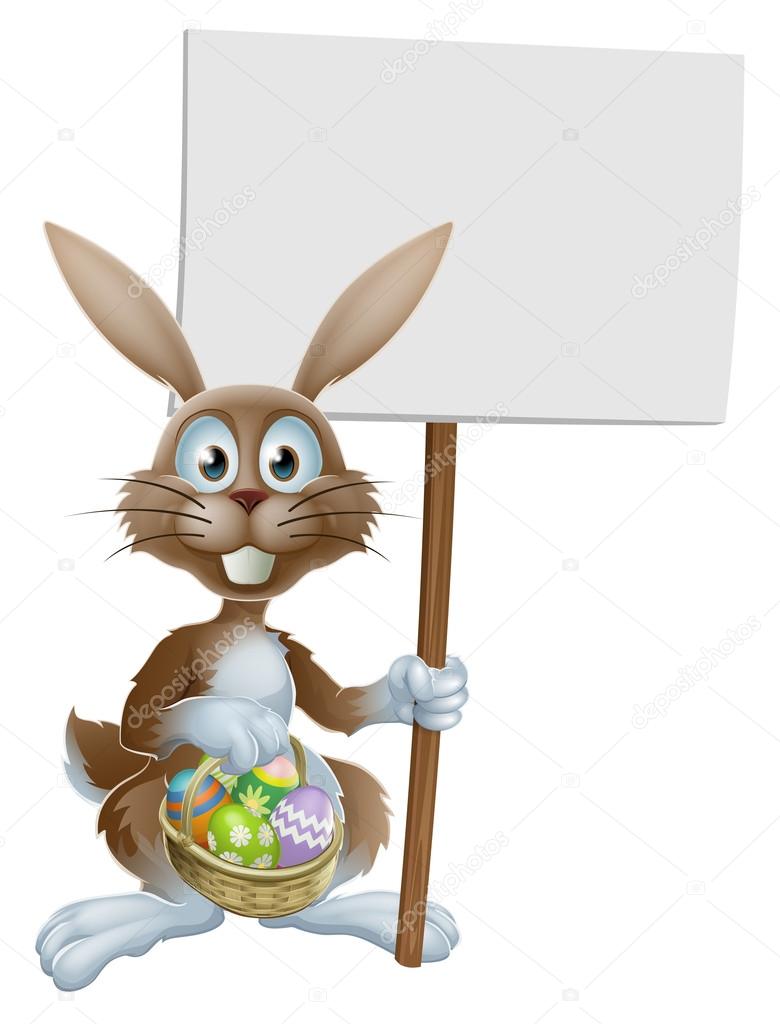 Easter rabbit with sign and eggs basket
