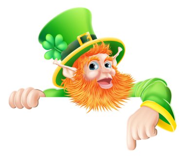 Leprechaun pointing down at sign clipart