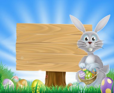  easter bunny yumurta ve ahşap işareti 
