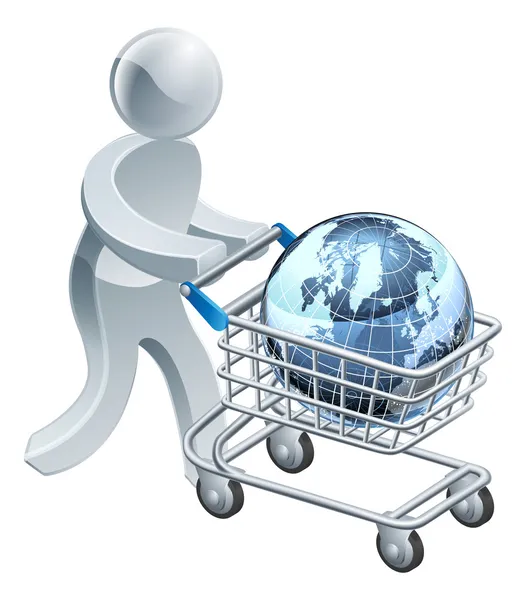 Person pushing trolley with globe — Stock Vector