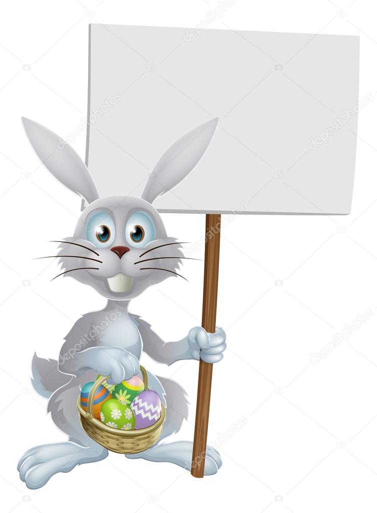 White Easter rabbit holding sign