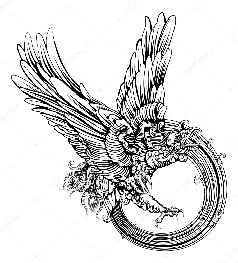 An original illustration of the legendary phoenix bird or an eagle in a dynamic woodblock style