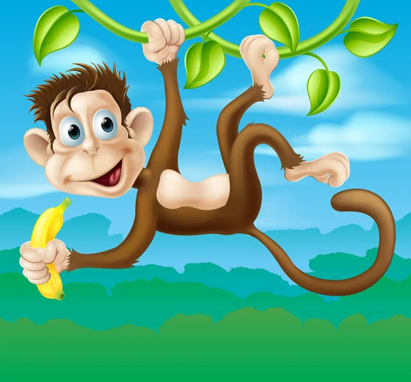 Scimmia cartone animato nella giungla oscillante sulla vite — Vettoriale Stock