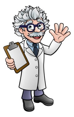 Laboratuvar beyaz önlüğü giyen bir karikatür profesörü elinde bir pano sallıyor.