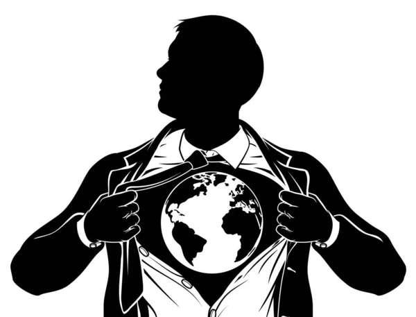 スーパーヒーロービジネスの男がシャツを引き裂いた彼のコスチュームの胸を世界の地球の下に示す — ストックベクタ