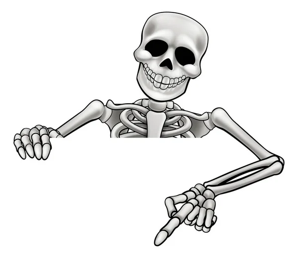 Skeleton Halloween Cartoon Character Peeking Sign Pointing — Stock Vector