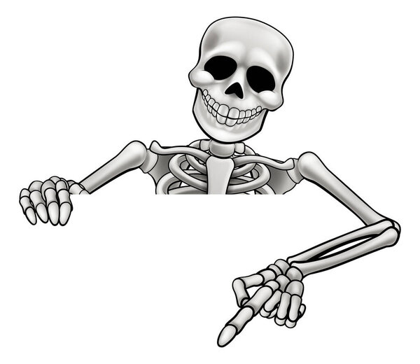 A skeleton Halloween cartoon character peeking over a sign and pointing