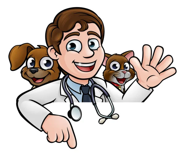 一个卡通兽医人物 上面有宠物猫和狗的标志 — 图库矢量图片