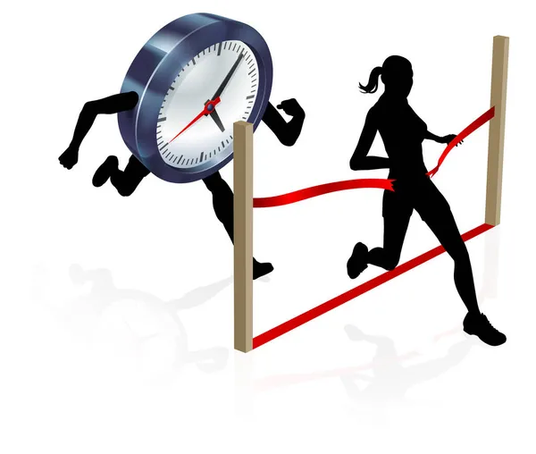 Woman Running Clock Character Beating Finish Line Win — Stock Vector