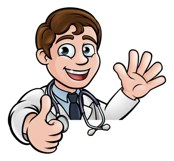 Cartoon Doctor Wearing Lab White Coat Stethoscope Waving Sign Giving — Stock Vector