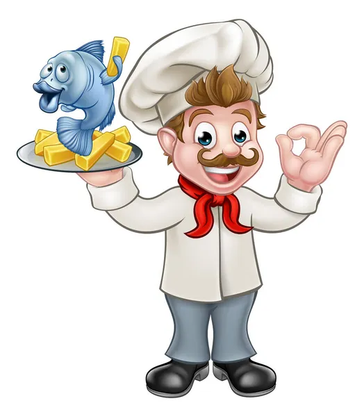 Personagem Chef Desenhos Animados Segurando Peixe Batatas Fritas Refeição Dando — Vetor de Stock