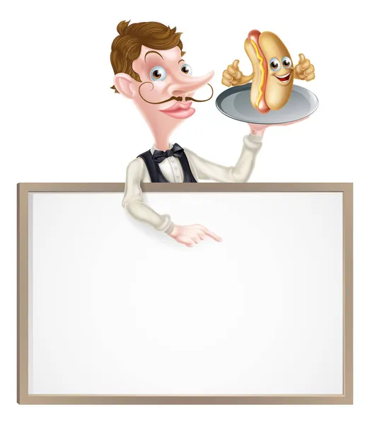 Illustration Cartoon Hotdog Waiter Butler Signboard — Stock Vector