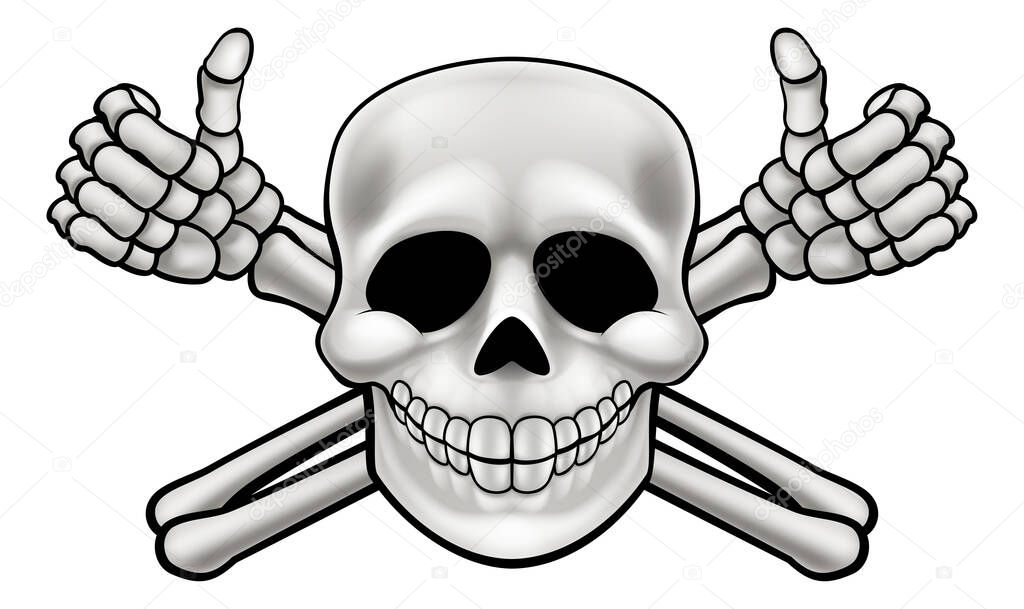 Cartoon Halloween pirate skull and crossbones skeleton thumbs up illustration