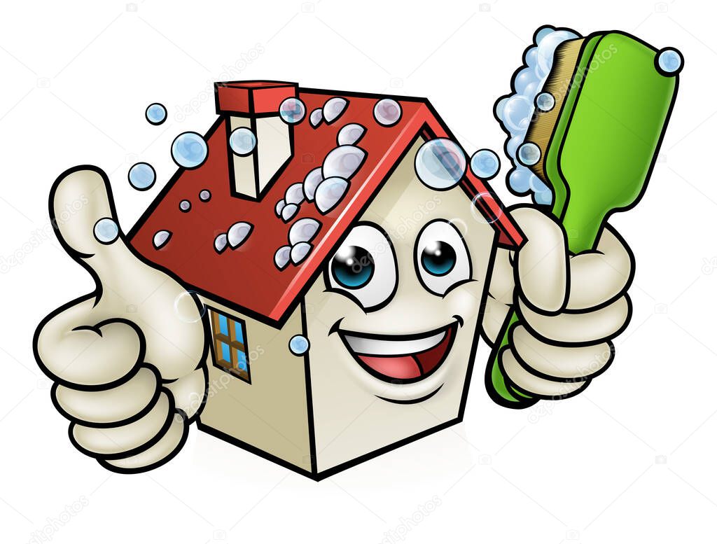 A happy cartoon house man mascot character holding scrubbing cleaning brush and giving a thumbs up