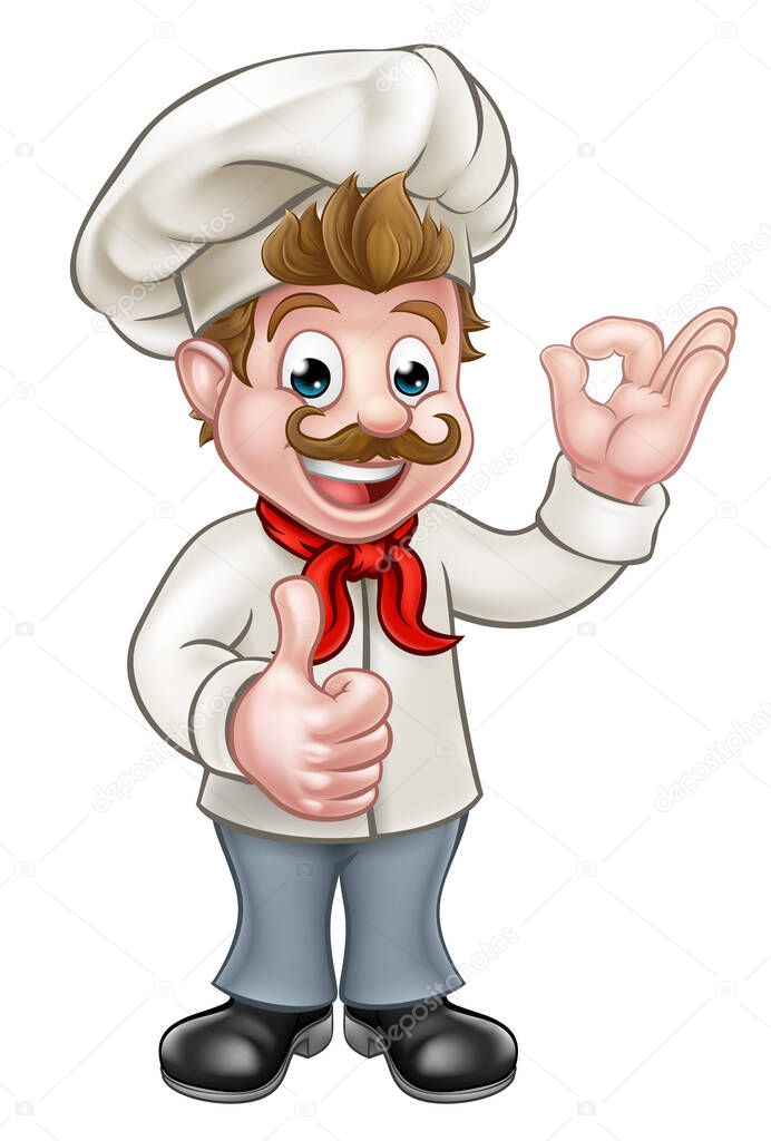 Cartoon chef or baker character giving a perfect okay delicious cook gesture and a thumbs up