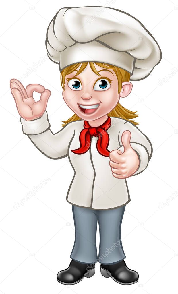 Cartoon woman chef or baker character giving a perfect okay delicious cook gesture and a thumbs up