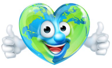 Bir dünya çizgi filmi karakteri Heart Day maskotu dünyayı parmakla