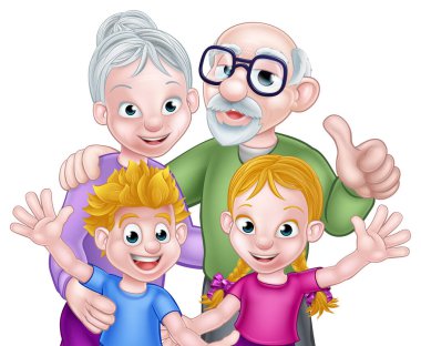 Büyükbabaları ve büyükanneleriyle çizgi film çocukları.