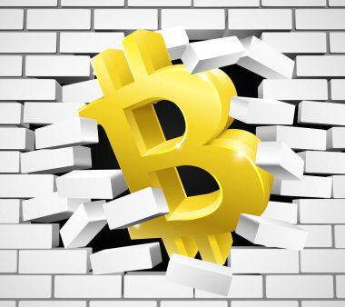 Bitcoin İşareti Simgesi Beyaz Tuğla Duvarı Kırıyor