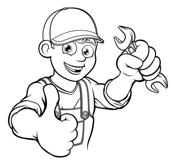 Mechanic Plumber Handyman Cartoon Character Giving Thumbs Holding Spanner Wrench — Stock Vector